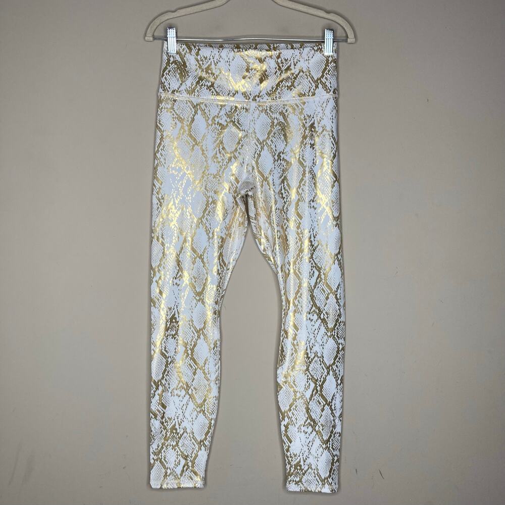 NWT Fabletics High Waisted Foil Legging Pant Snake Print White Gold Size Large L
